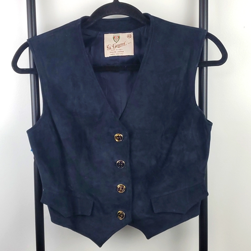 Vintage 1970s Gucci suede vest blue full lining women size 42